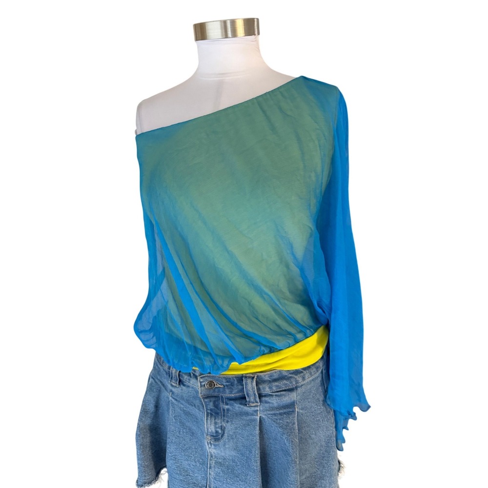 Analili Y2K One Shoulder Fairy Top Small Blue Yellow 100% Silk Sheer Overlay